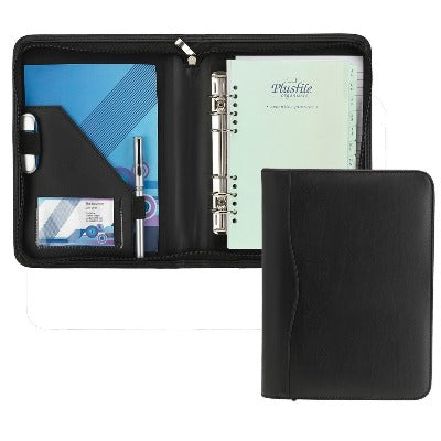 Branded Promotional HOUGHTON A5 ZIP RING BINDER in Black Leather Look PU Conference Folder From Concept Incentives.