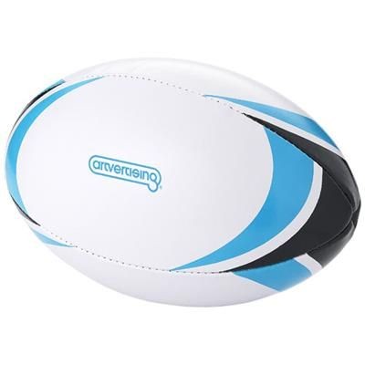 Branded Promotional STADIUM RUGBY BALL in White Solid-blue Rugby Ball From Concept Incentives.