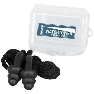Branded Promotional BAZZ REUSABLE NOISE REDUCTION EAR PLUGS in Case in Black Solid Ear Plugs From Concept Incentives.