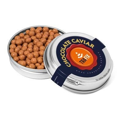 Branded Promotional SILVER CAVIAR TIN FILLED with Salted Caramel Chocolate Pearls Chocolate From Concept Incentives.