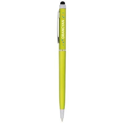 Branded Promotional VALERIA ABS BALL PEN with Stylus in Lime Pen From Concept Incentives.
