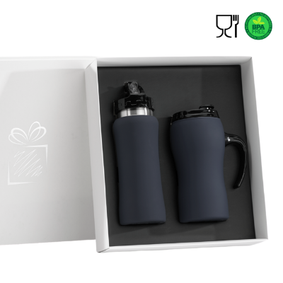Branded Promotional COLORISSIMO WATER BOTTLE AND THERMAL MUG WITH HANDLE SET in Grey from Concept Incentives
