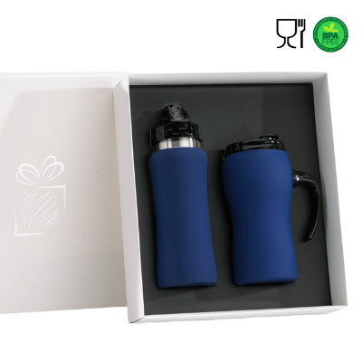 Branded Promotional COLORISSIMO WATER BOTTLE AND THERMAL MUG WITH HANDLE SET in Navy Blue from Concept Incentives