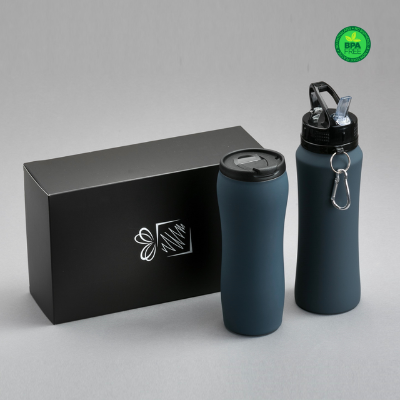 Branded Promotional COLORISSIMO WATER BOTTLE WITH HOOK AND THERMAL MUG SET in Black from Concept Incentives