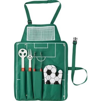 Branded Promotional 5PC FOOTBALL BBQ SET with Green Apron includes Spatula, Fork, Tongs with Wood Handles & Oven Mitten BBQ From Concept Incentives.