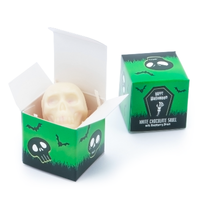 Branded Promotional HALLOWEEN ECO MINI CUBE BOX WITH WHITE CHOCOLATE SKULL from Concept Incentives