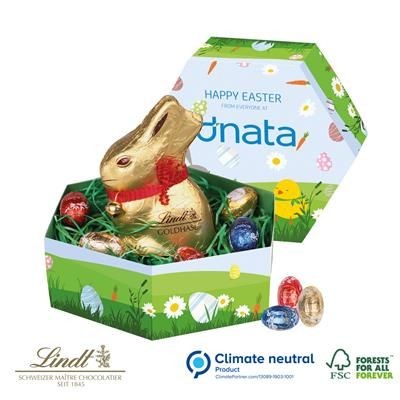 Branded Promotional LINDT HEXAGONAL EASTER BOX with Lindt Bunny Rabbit & Mini Eggs Chocolate From Concept Incentives.