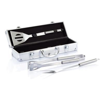 Branded Promotional 3 PCS BARBECUE SET in Aluminium Metal Box in Silver BBQ From Concept Incentives.