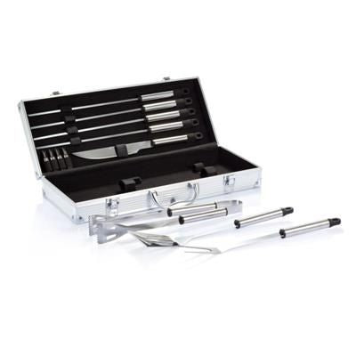 Branded Promotional 12 PCS BARBECUE SET in Aluminium Metal Box in Silver BBQ From Concept Incentives.