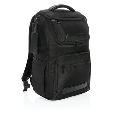 Branded Promotional SWISS PEAK RPET VOYAGER USB & RFID 15 INCH LAPTOP BACKPACK RUCKSACK in Black Bag From Concept Incentives.