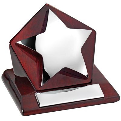 Branded Promotional SILVER STAR TROPHY AWARD with Rectangular Wood Base in Luxury Box Award From Concept Incentives.