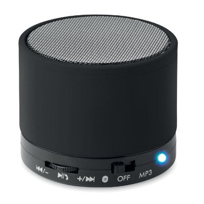 Branded Promotional ROUND BLUETOOTH SPEAKER with Rubber Finish in Black Speakers From Concept Incentives.