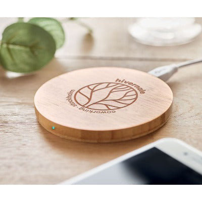 Branded Promotional CORDLESS CHARGER in Bamboo Charger From Concept Incentives.