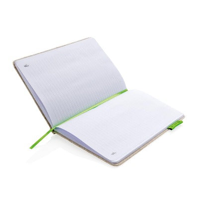 Branded Promotional A5 ECO JUTE COTTON NOTE BOOK in Green Jotter From Concept Incentives.