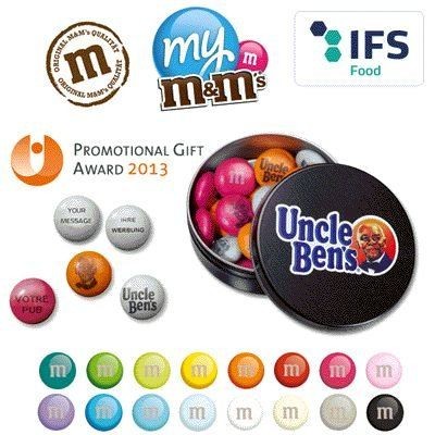 Branded Promotional ROUND METAL TIN OF BRANDED M&M SWEETS Chocolate From Concept Incentives.