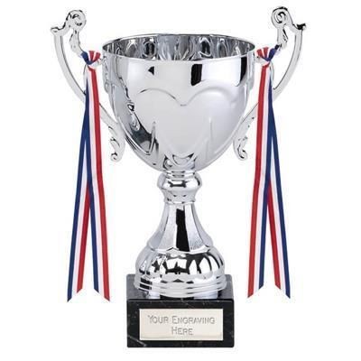 Branded Promotional SILVER AWARD TROPHY CUP with Marble Base & Ribbon Award From Concept Incentives.