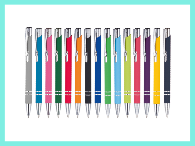 branded promotional pens and pencils for corporate events. These can be plastic pens, mental pens, eco pens, bamboo pencils printed or laser engraved with your company logo