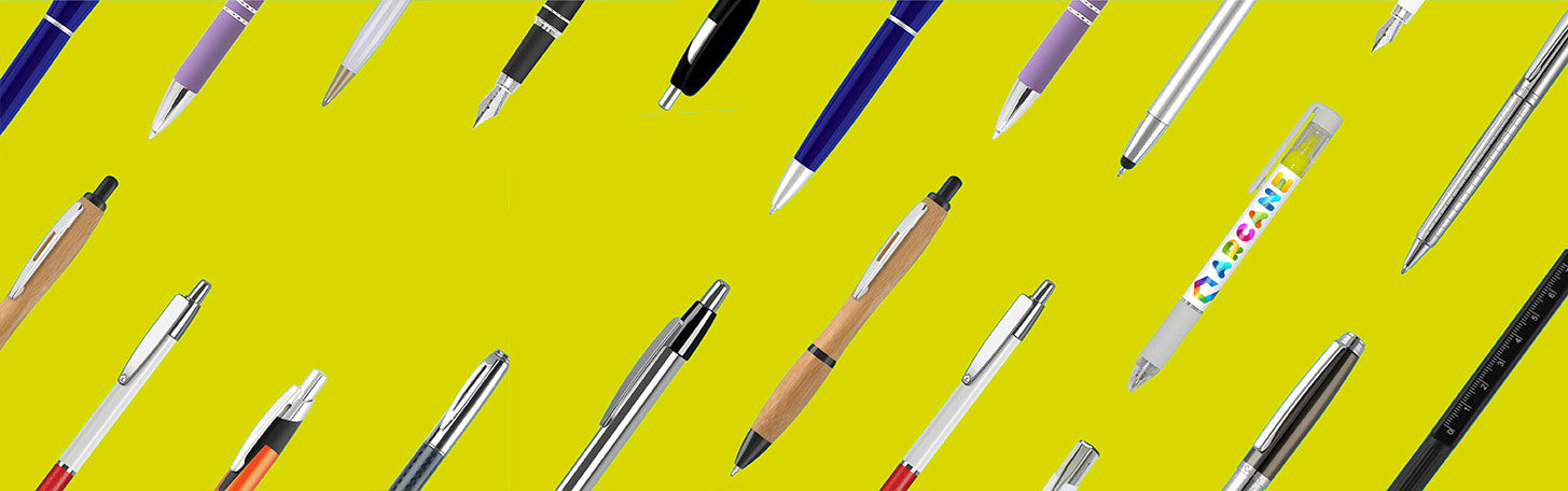 Banner of promotional printed pens and text saying printing techniques