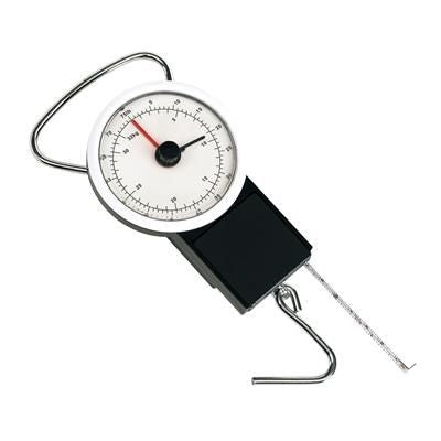 Branded Promotional PORTABLE LUGGAGE WEIGHING SCALES & TAPE MEASURE in Black & White Scales From Concept Incentives.