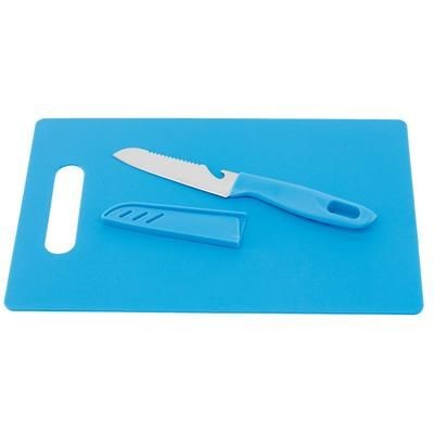 Branded Promotional SUNNY KITCHEN CHOPPING BOARD & KNIFE SET in Blue Chopping Board From Concept Incentives.