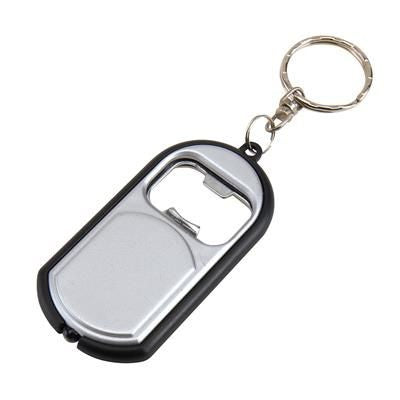 Branded Promotional OPEN LIGHT KEYRING BOTTLE OPENER in Silver & Black with LED Light Bottle Opener From Concept Incentives.