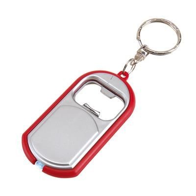 Branded Promotional OPEN LIGHT KEYRING BOTTLE OPENER in Silver & Red with LED Light Bottle Opener From Concept Incentives.