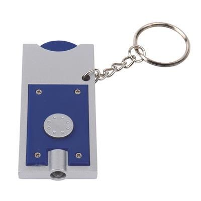 Branded Promotional LED LIGHT KEYRING & TROLLEY COIN in Silver & Blue Keyring From Concept Incentives.