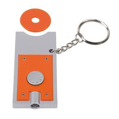 Branded Promotional LED LIGHT KEYRING & TROLLEY COIN in Silver & Orange Keyring From Concept Incentives.