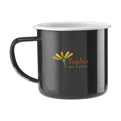 Branded Promotional RETRO ENAMEL MUG in Black & White Mug From Concept Incentives.