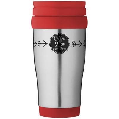 Branded Promotional SANIBEL 400 ML THERMAL INSULATED MUG in Silver-red Mug From Concept Incentives.