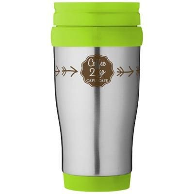 Branded Promotional SANIBEL 400 ML THERMAL INSULATED MUG in Silver-lime Green Mug From Concept Incentives.