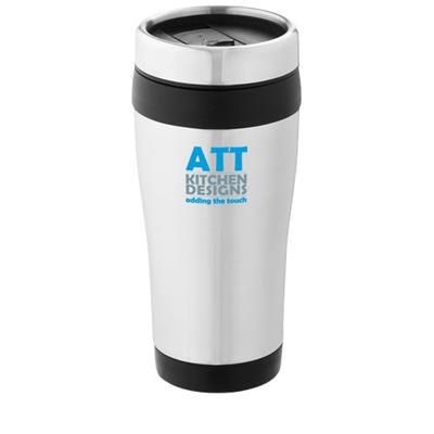 Branded Promotional ELWOOD 410 ML THERMAL INSULATED TUMBLER in Silver-black Solid Travel Mug From Concept Incentives.