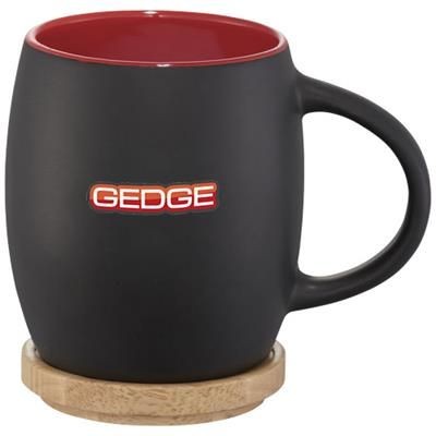 Branded Promotional HEARTH 400 ML CERAMIC POTTERY MUG with Wood Lid-coaster in Black Solid-red Mug From Concept Incentives.