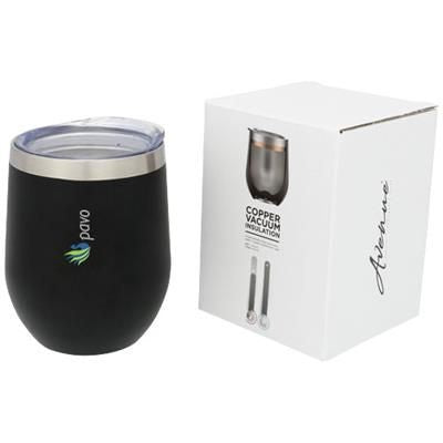 Branded Promotional CORZO 350 ML COPPER VACUUM THERMAL INSULATED CUP in Black Solid Travel Mug From Concept Incentives.