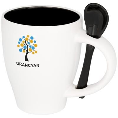 Branded Promotional NADU 250 ML CERAMIC POTTERY MUG with Spoon in Black Solid Mug From Concept Incentives.