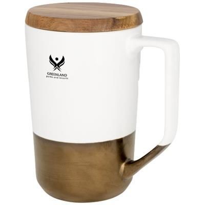 Branded Promotional TAHOE 470 ML CERAMIC POTTERY MUG with Wood Lid in White Solid Mug From Concept Incentives.