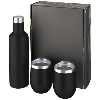 Branded Promotional PINTO AND CORZO COPPER VACUUM THERMAL INSULATED GIFT SET in Black Solid Sports Drink Bottle From Concept Incentives.