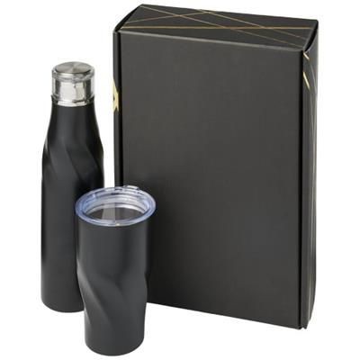Branded Promotional HUGO COPPER VACUUM THERMAL INSULATED GIFT SET in Black Solid Sports Drink Bottle From Concept Incentives.
