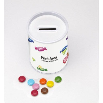 Branded Promotional CHOCOLATE BEANIES in White Money Tin Sweets From Concept Incentives.