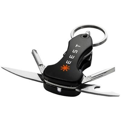 Branded Promotional MELVIN 7-FUNCTION MULTI-TOOL with Keyring Chain in Black Solid Multi Tool From Concept Incentives.