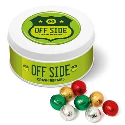 Branded Promotional TREAT TIN with Foil Wrapped Chocolate Balls Chocolate From Concept Incentives.