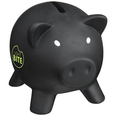Branded Promotional PIGGY COIN BANK in Black Solid Money Box From Concept Incentives.