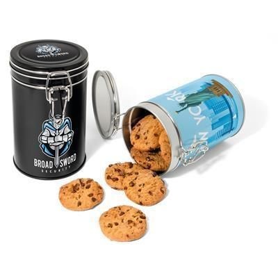 Branded Promotional FLIP TOP COOKIE TIN in Silver Biscuit Barrel From Concept Incentives.