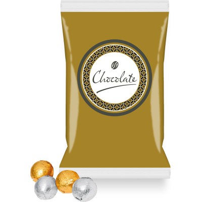 Branded Promotional DIGITAL PRINTED FLOW BAG FILLED with Gold & Silver Foil Wrapped Milk Chocolate Balls Chocolate From Concept Incentives.