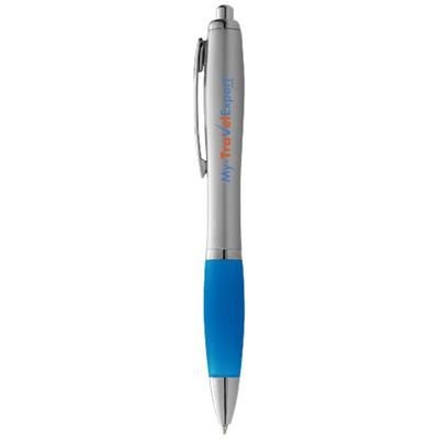 Branded Promotional NASH BALL PEN SILVER BARREL AND COLOUR GRIP in Silver-aqua Blue Pen From Concept Incentives.