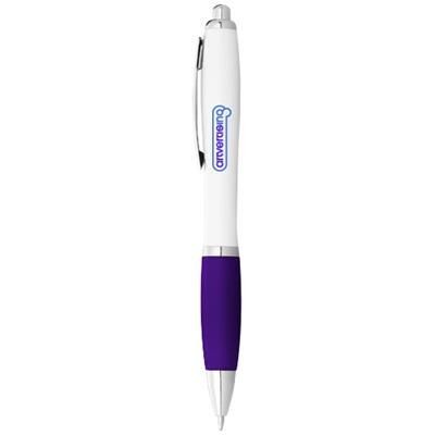 Branded Promotional NASH BALL PEN WHITE BARREL AND COLOUR GRIP in White Solid-purple Pen From Concept Incentives.