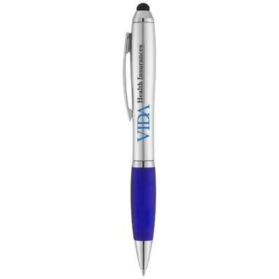 Branded Promotional NASH STYLUS BALL PEN with Colour Grip in Silver-blue Pen From Concept Incentives.