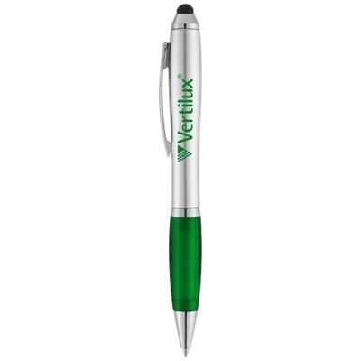 Branded Promotional NASH STYLUS BALL PEN with Colour Grip in Silver-green Pen From Concept Incentives.