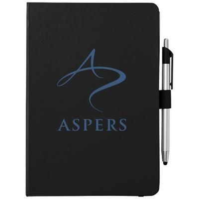 Branded Promotional CROWN A5 NOTE BOOK with Stylus Ball PEN in Black Solid Pen From Concept Incentives.