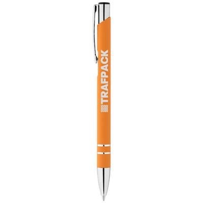 Branded Promotional CORKY BALL PEN with Rubber-coated Exterior in Orange Pen From Concept Incentives.